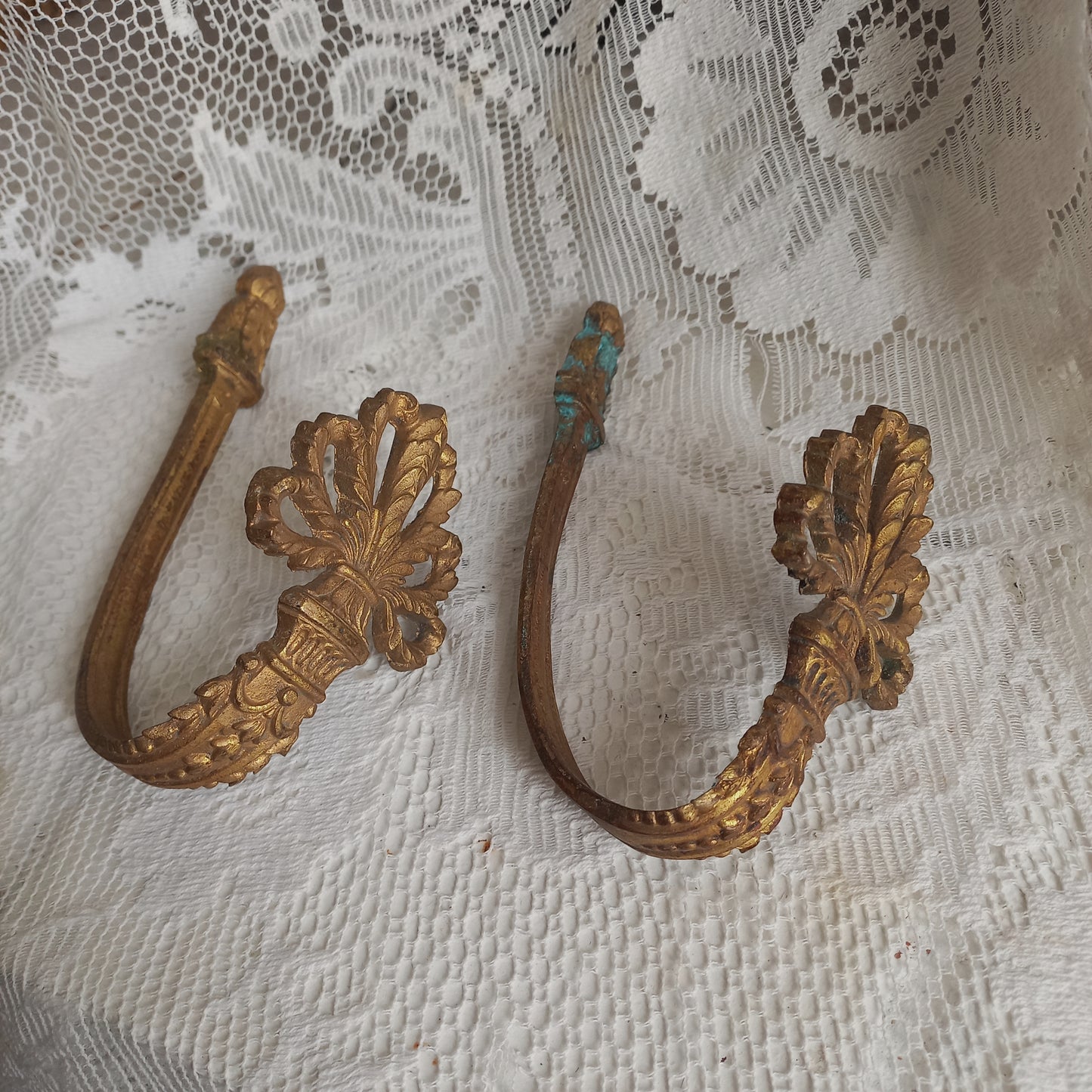 French antique decorative curtain hold backs or tie backs made from brass, bronze