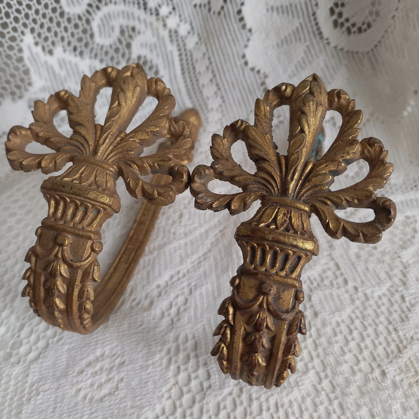 French antique decorative curtain hold backs or tie backs made from brass, bronze