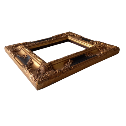 Stunning vintage frame for a painting or photo with ornate decoration in an antique style from France. This frame is a solid and heavy piece, seems to be wooden although we also think there might be some plaster so we are calling it a frame made of mixed materials.