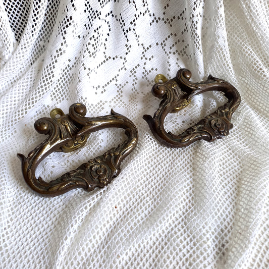 Pair of French antique decorative brass or bronze drawer handles, furniture hardware,