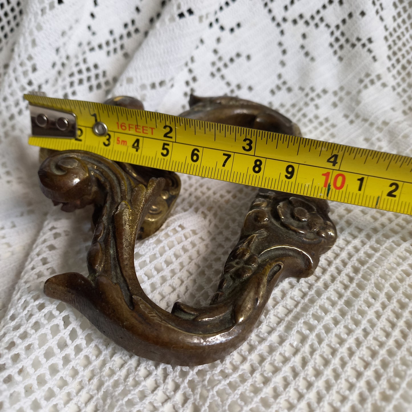 Pair of French antique decorative brass or bronze drawer handles, furniture hardware,