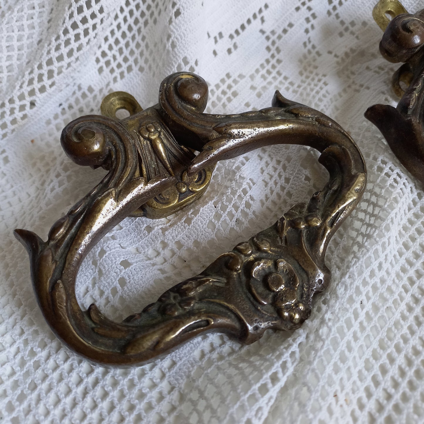 Pair of French antique decorative brass or bronze drawer handles, furniture hardware,