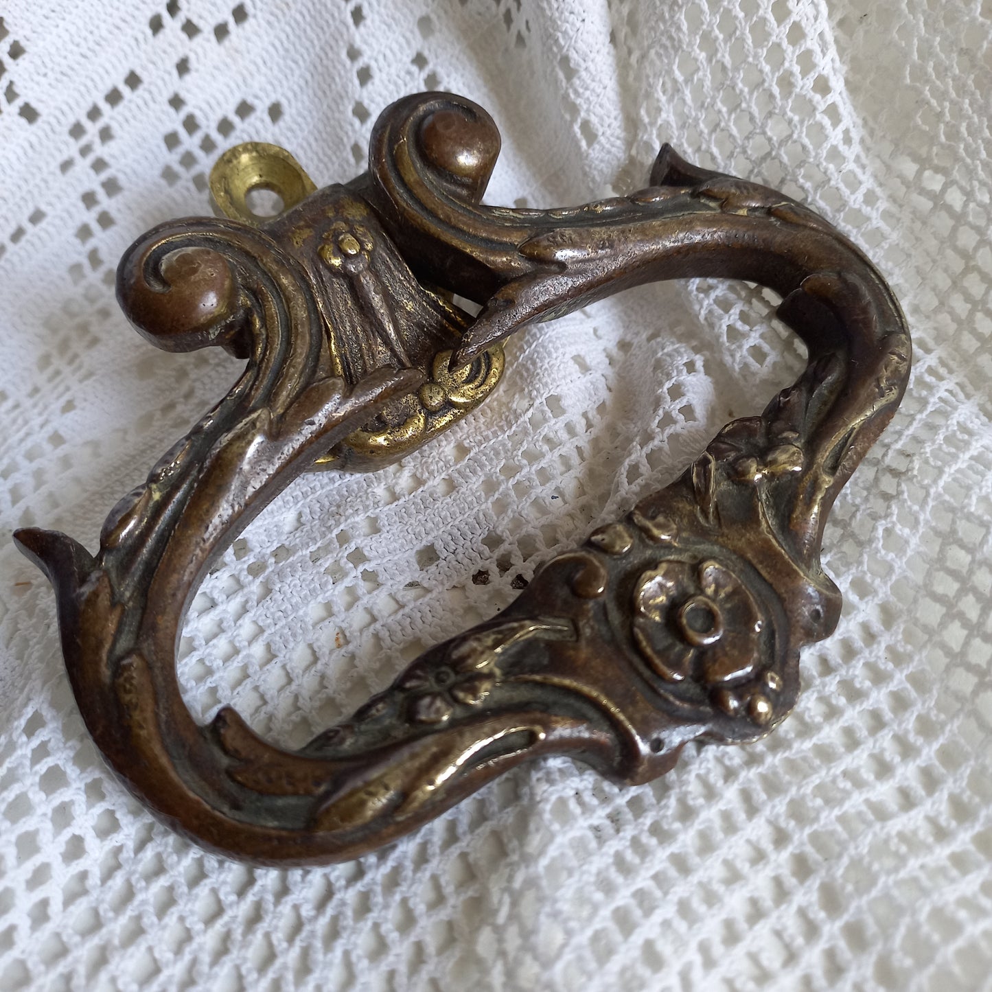 Pair of French antique decorative brass or bronze drawer handles, furniture hardware,