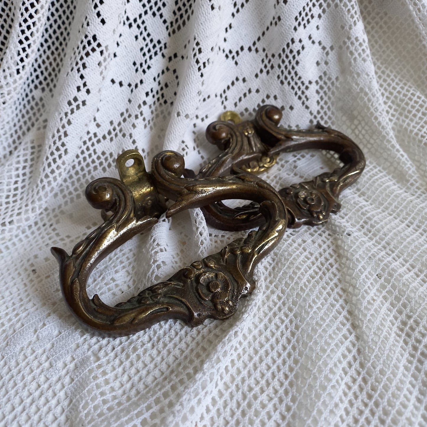 Pair of French antique decorative brass or bronze drawer handles, furniture hardware,