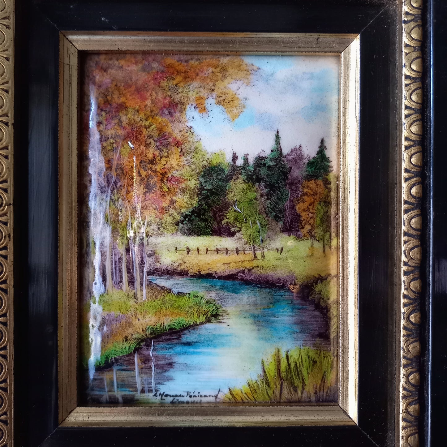 French vintage hand made enamel landscape painting wall hanging signed by artist, trees and river art, old enamel painting