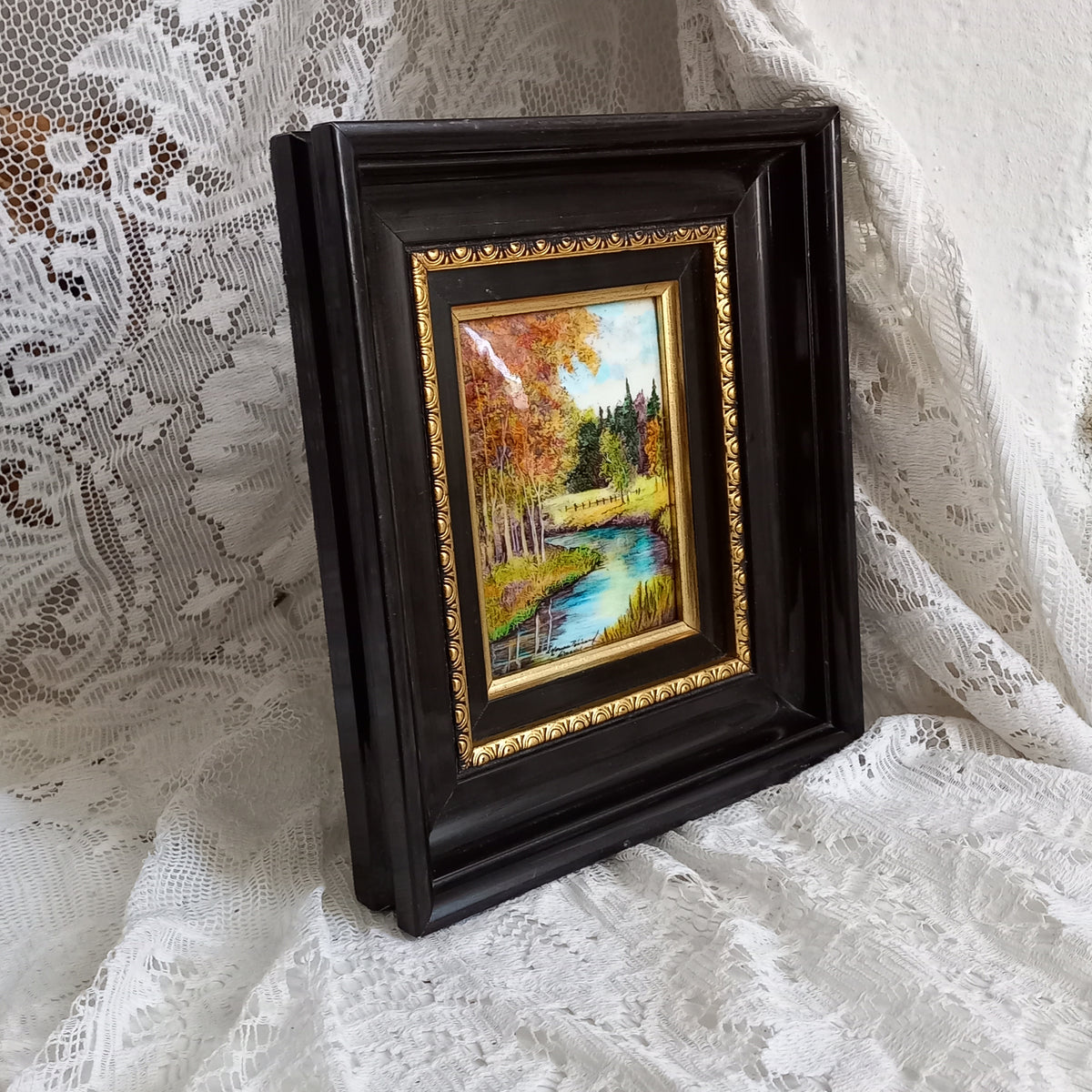Peinture murale vintage française en émail faite à la main, paysage, signée par l'artiste