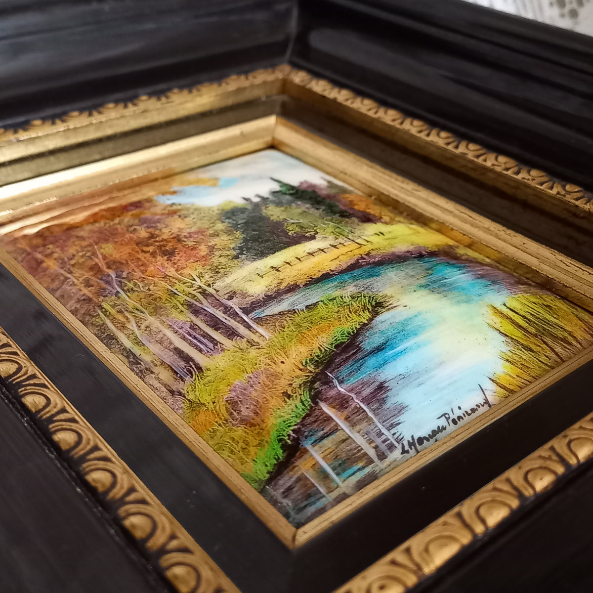 Peinture murale vintage française en émail faite à la main, paysage, signée par l'artiste