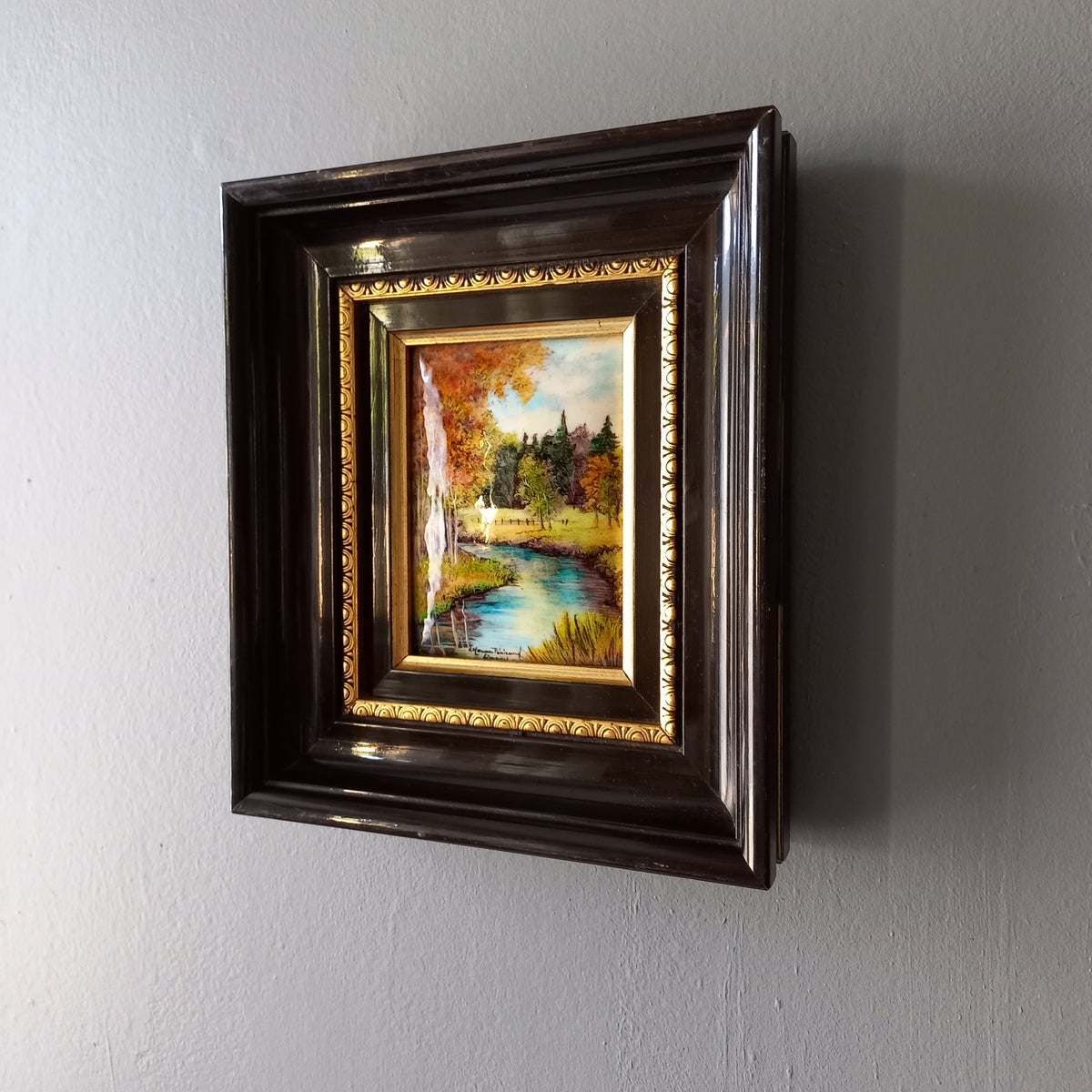 Peinture murale vintage française en émail faite à la main, paysage, signée par l'artiste