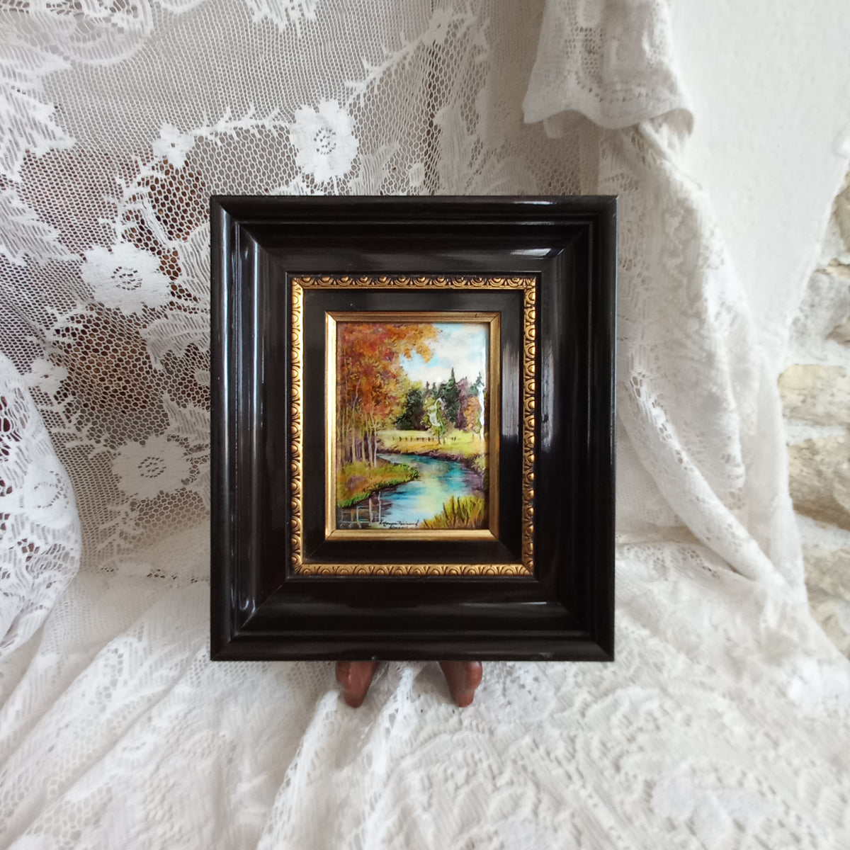 Peinture murale vintage française en émail faite à la main, paysage, signée par l'artiste