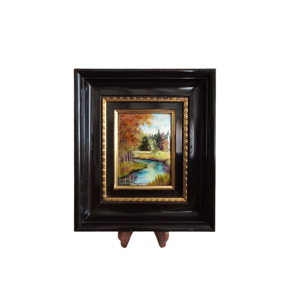 Peinture murale vintage française en émail faite à la main, paysage, signée par l'artiste