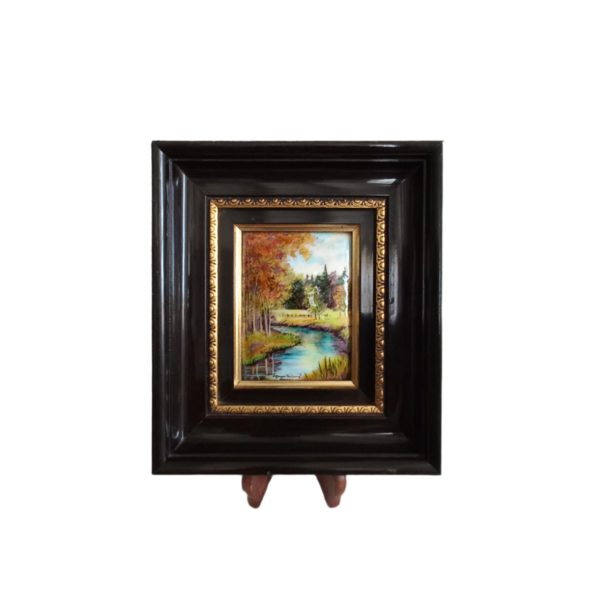Peinture murale vintage française en émail faite à la main, paysage, signée par l'artiste