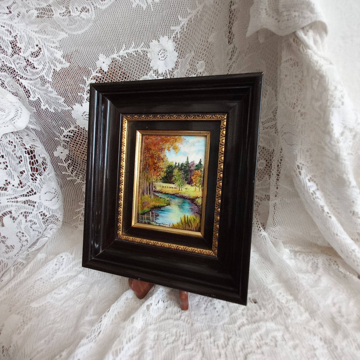 Peinture murale vintage française en émail faite à la main, paysage, signée par l'artiste