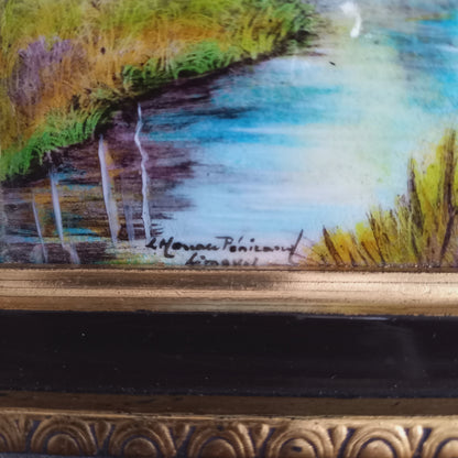 French vintage hand made enamel landscape painting wall hanging signed by artist, trees and river art, old enamel painting