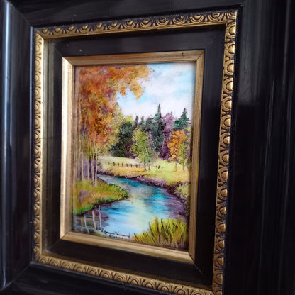 French vintage hand made enamel landscape painting wall hanging signed by artist, trees and river art, old enamel painting