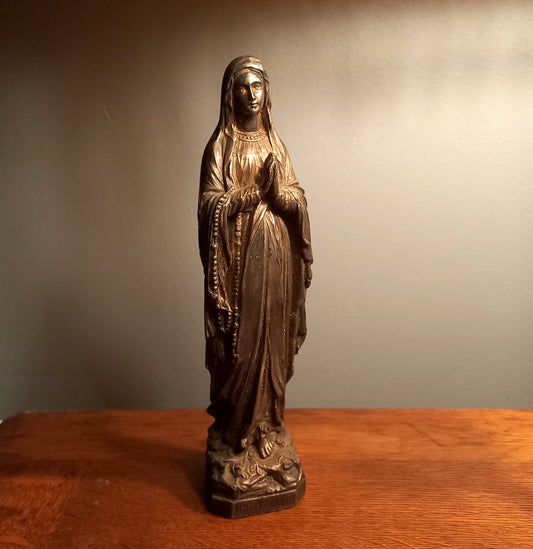 Small Virgin Mary religious figurine made from metal, French religious souvenir from Lourdes