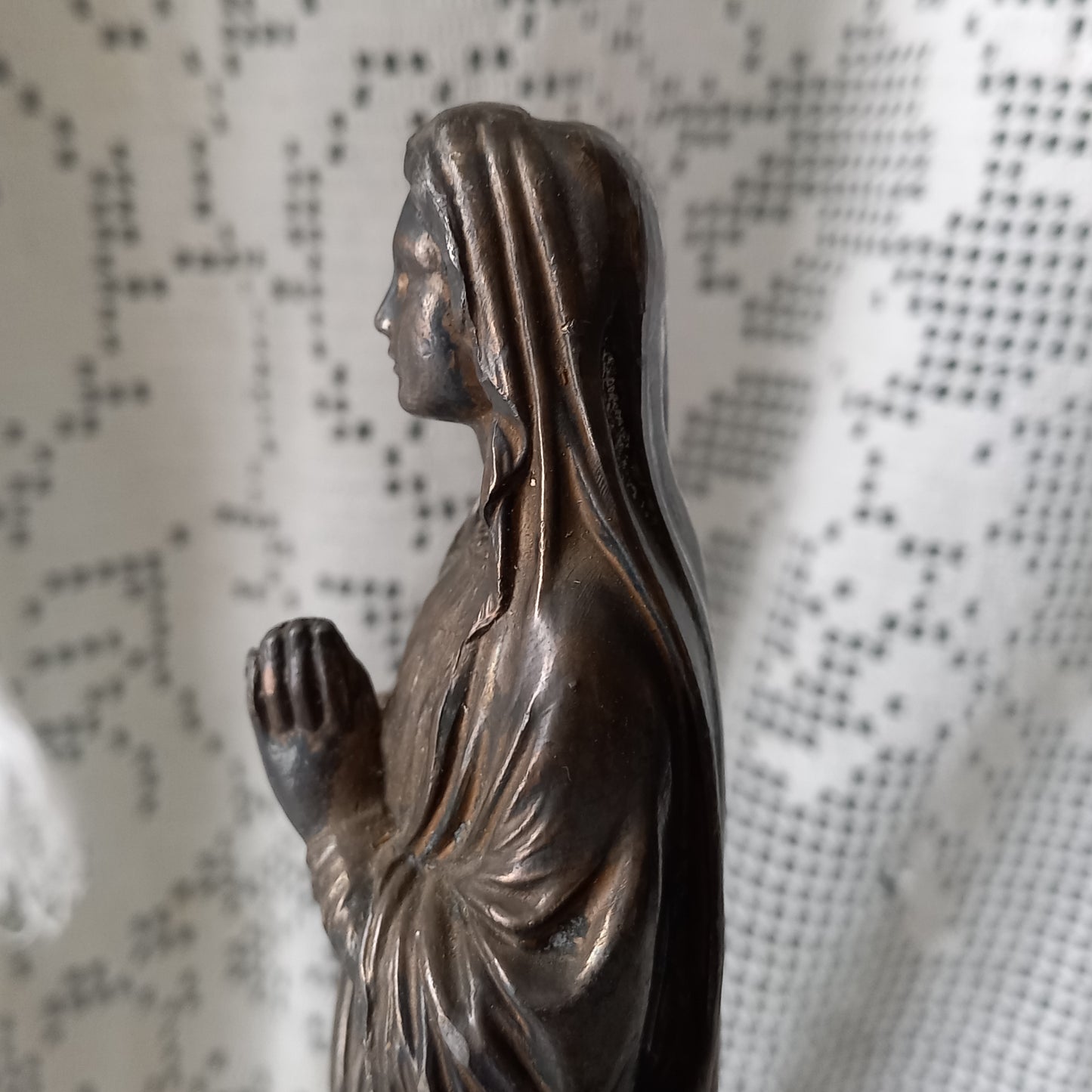 Small Virgin Mary religious figurine made from metal, French religious souvenir from Lourdes