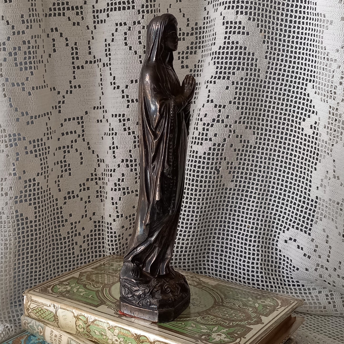 Small Virgin Mary religious figurine made from metal, French religious souvenir from Lourdes