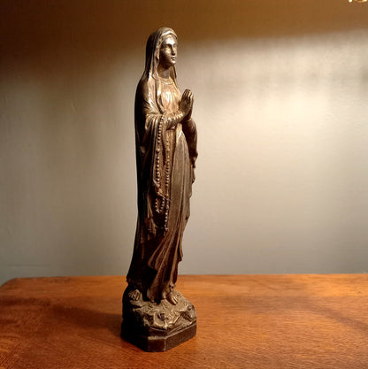 Small Virgin Mary religious figurine made from metal, French religious souvenir from Lourdes