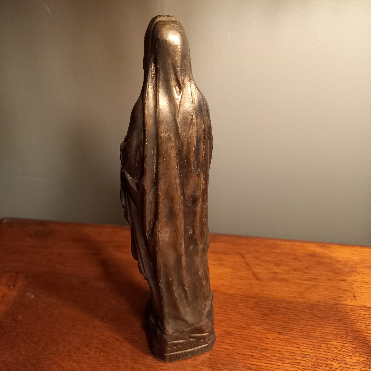 Small Virgin Mary religious figurine made from metal, French religious souvenir from Lourdes