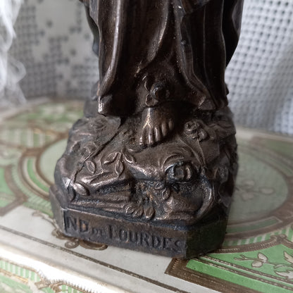 Small Virgin Mary religious figurine made from metal, French religious souvenir from Lourdes