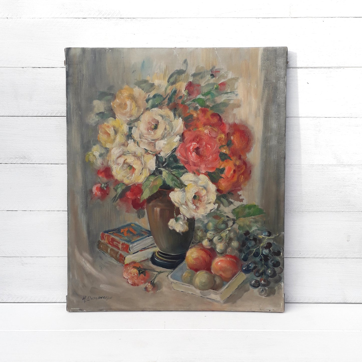 Vintage floral oil painting on stretched canvas, Belgian antique flower still life painting