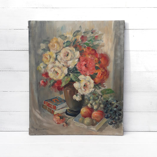 Peinture à l'huile florale vintage sur toile tendue, nature morte de fleurs antique belge