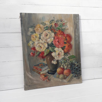 Vintage floral oil painting on stretched canvas, Belgian antique flower still life painting