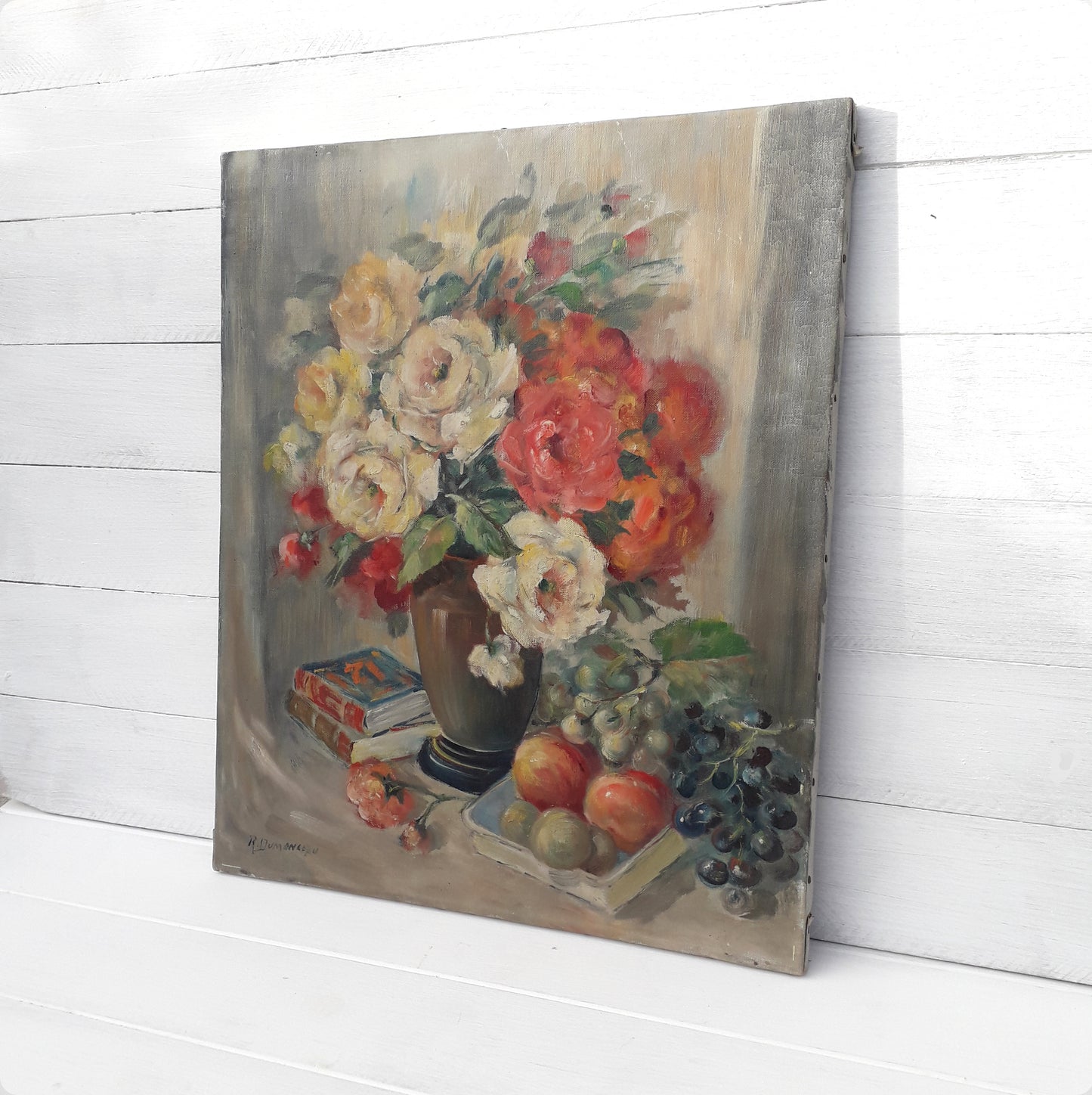 Peinture à l'huile florale vintage sur toile tendue, nature morte de fleurs antique belge