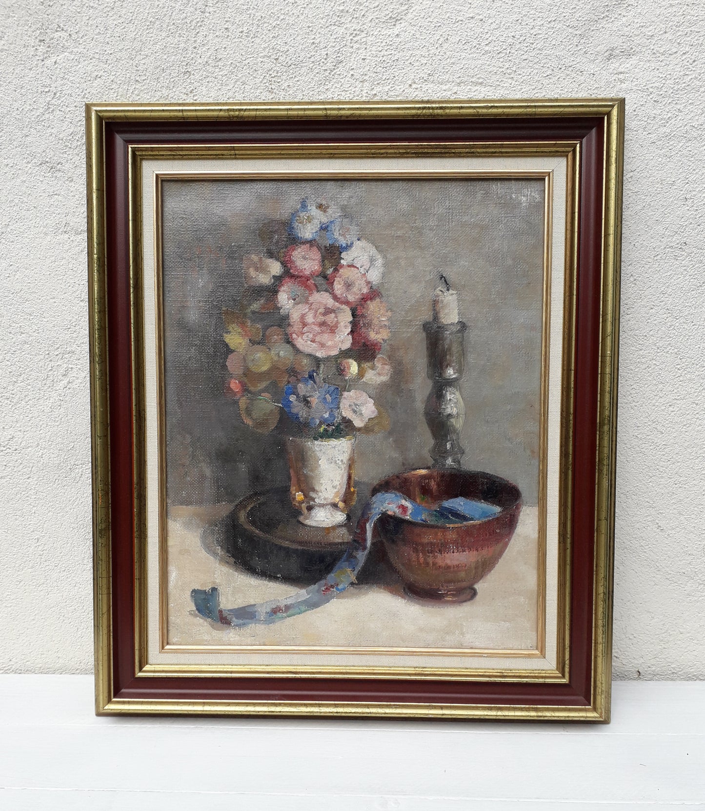 Grande nature morte florale vintage/antique, peinture à l'huile sur toile encadrée, art floral français