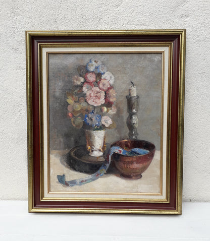 Large vintage/antique floral still life oil painting on canvas framed, French floral art