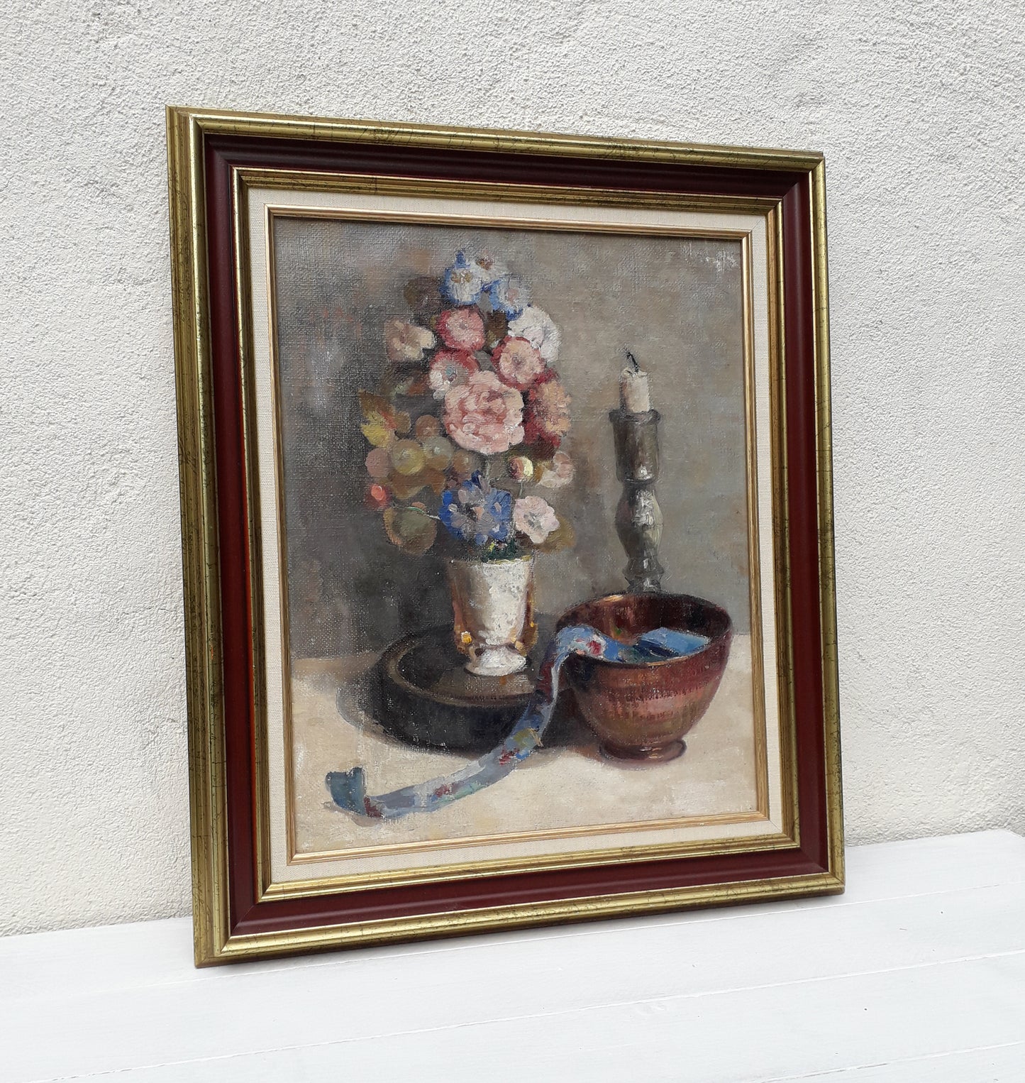 Large vintage/antique floral still life oil painting on canvas framed, French floral art