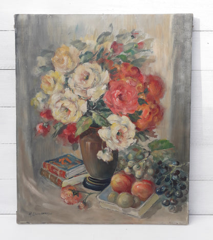 Vintage floral oil painting on stretched canvas, Belgian antique flower still life painting