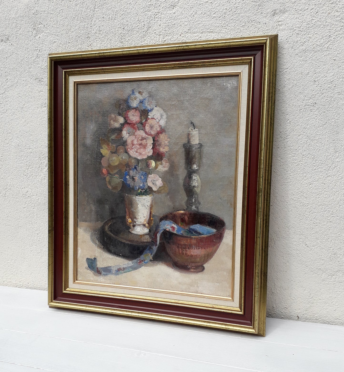 Grande nature morte florale vintage/antique, peinture à l'huile sur toile encadrée, art floral français