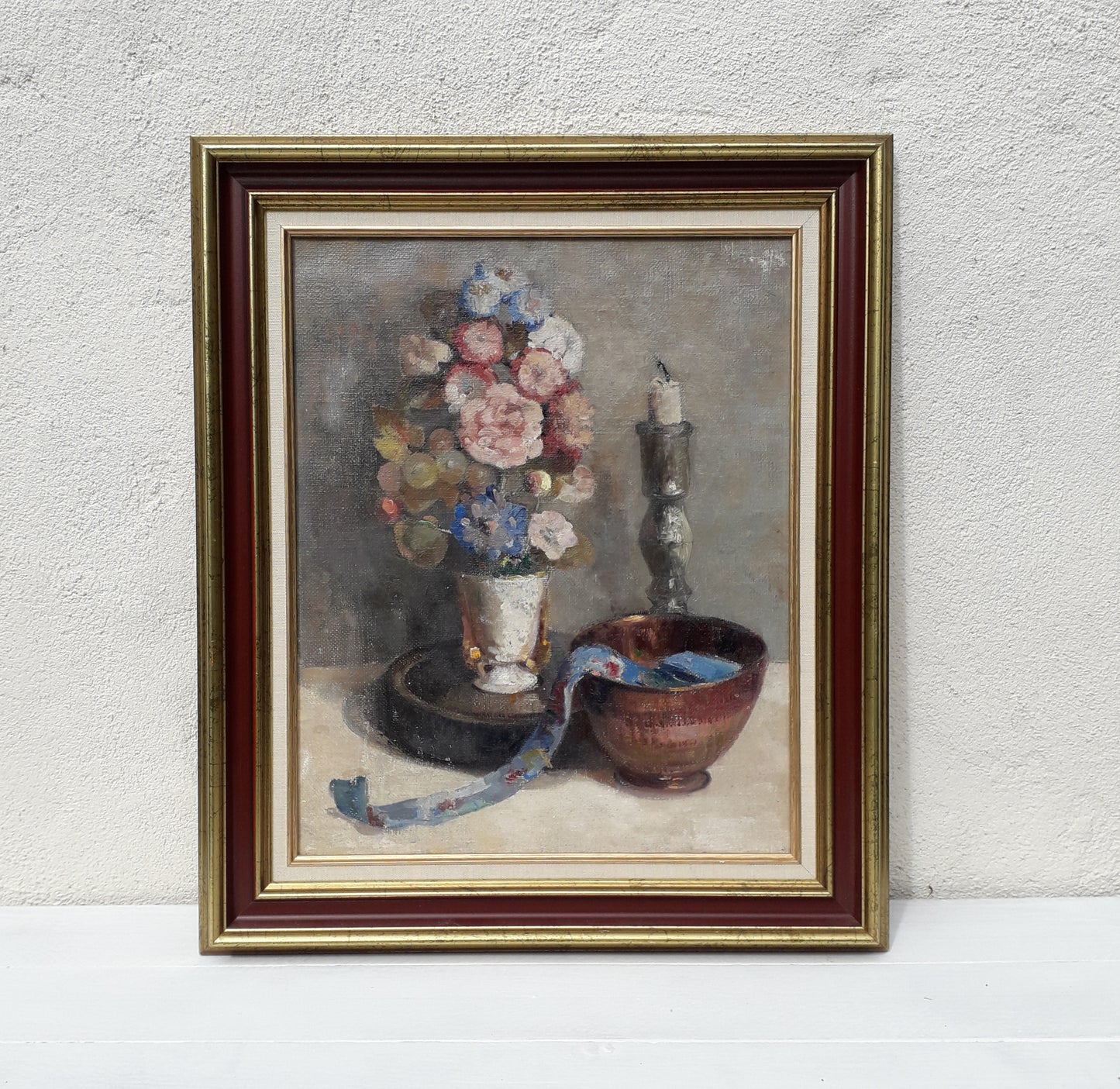 Large vintage/antique floral still life oil painting on canvas framed, French floral art