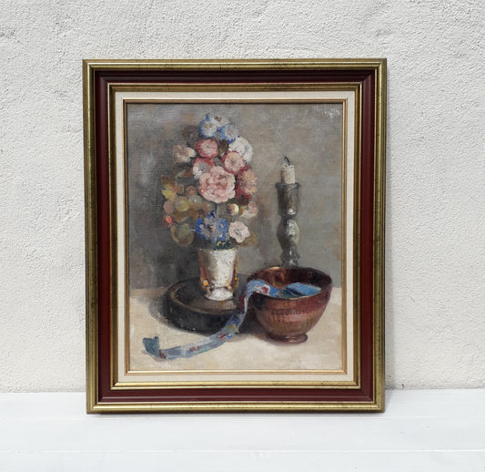 Grande nature morte florale vintage/antique, peinture à l'huile sur toile encadrée, art floral français