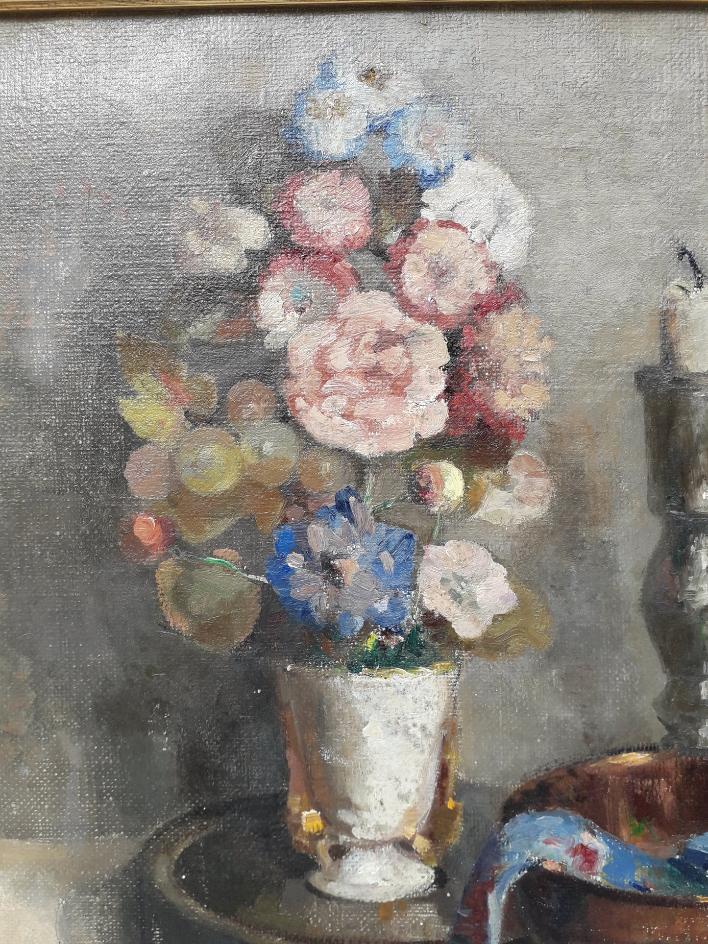 Grande nature morte florale vintage/antique, peinture à l'huile sur toile encadrée, art floral français