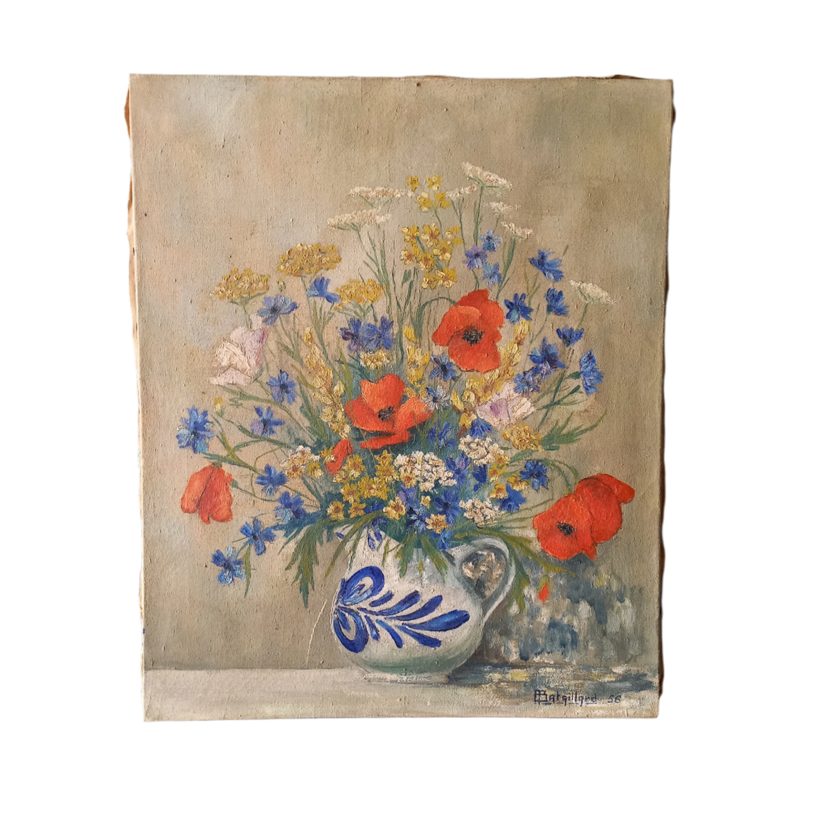 Large vintage floral still life oil painting on stretched canvas from France, painting of bright and colorful flowers, floral art