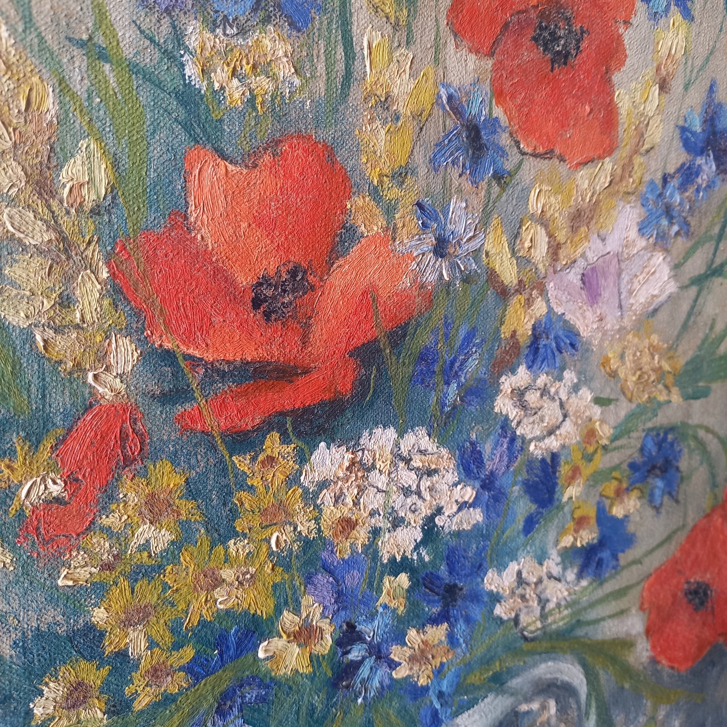 Large vintage floral still life oil painting on stretched canvas from France, painting of bright and colorful flowers, floral art