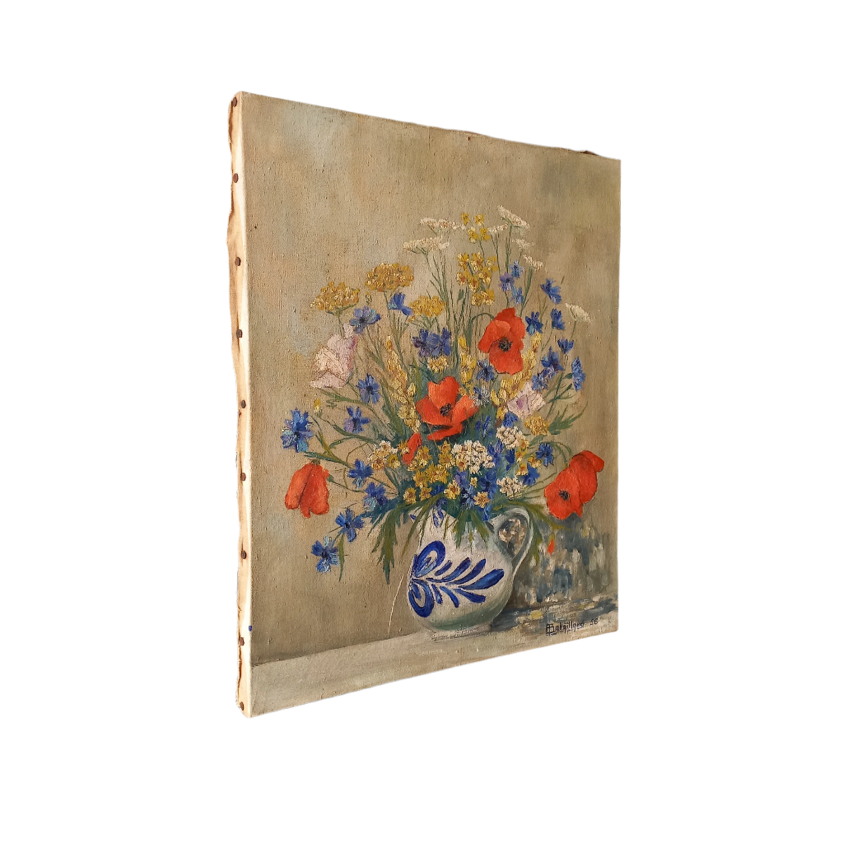 Large vintage floral still life oil painting on stretched canvas from France, painting of bright and colorful flowers, floral art