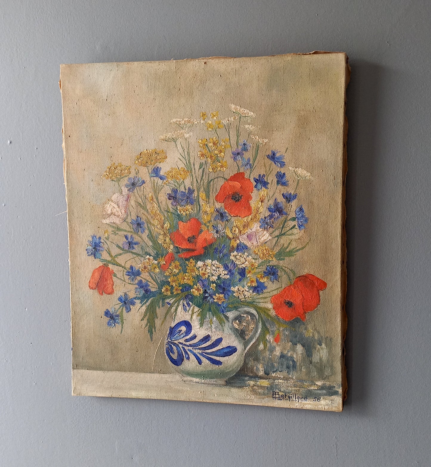 Large vintage floral still life oil painting on stretched canvas from France, painting of bright and colorful flowers, floral art