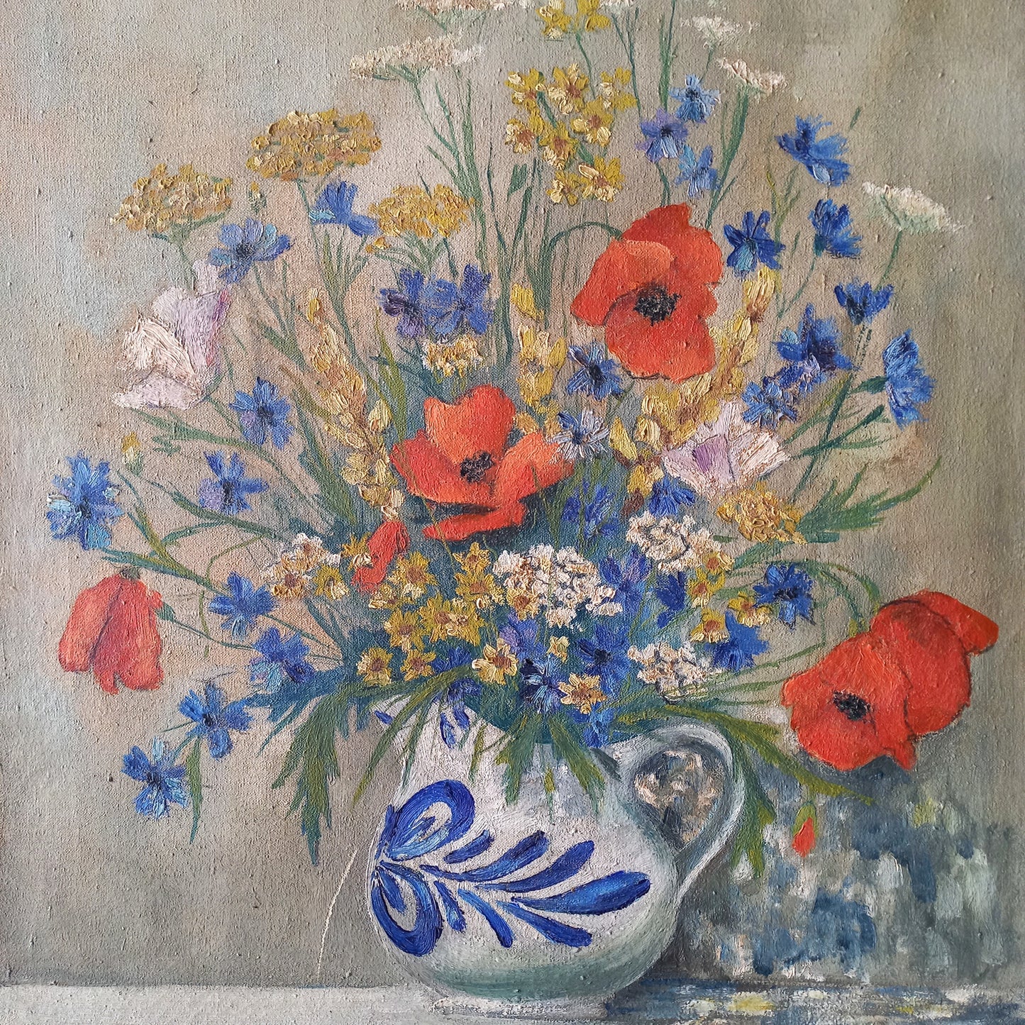 Large vintage floral still life oil painting on stretched canvas from France, painting of bright and colorful flowers, floral art