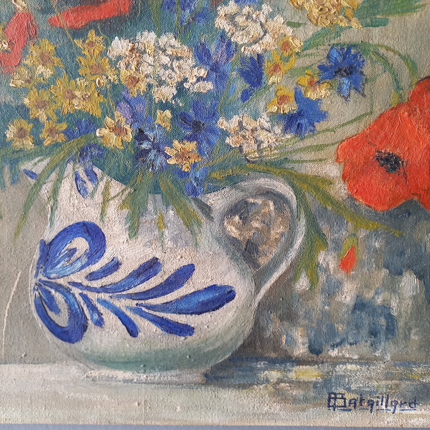 Large vintage floral still life oil painting on stretched canvas from France, painting of bright and colorful flowers, floral art