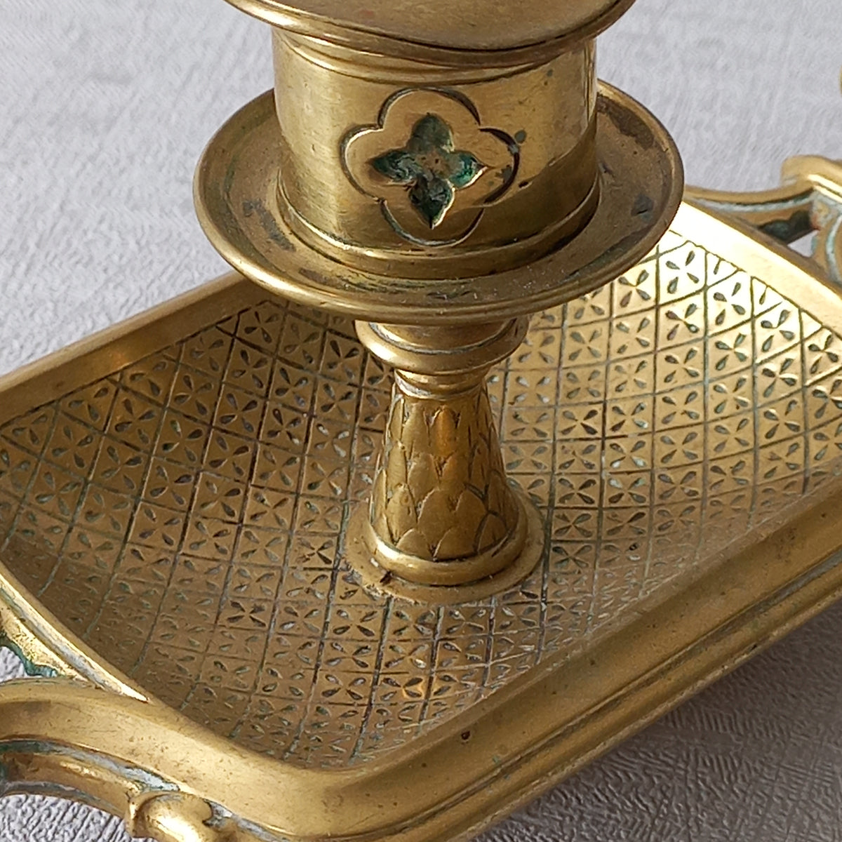 A French antique bronze/brass candle holder or chamber stick, a quality piece that is highly detailed with engraved patterns and a coat of arms with two lovely lions on the handle! This is a heavy piece for its small size and will make super home decor in any interior.