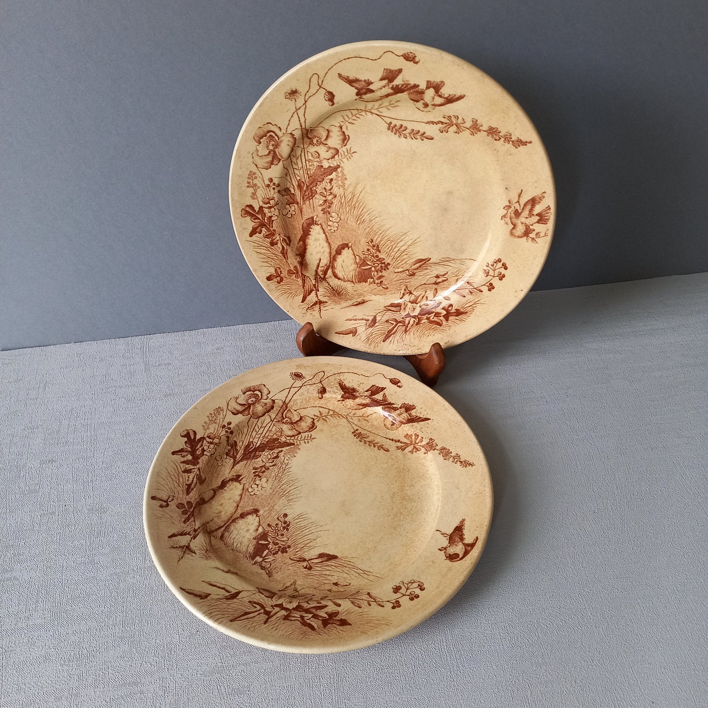 Antique ironstone plates with bird patterns by Jules Veillard Bordeaux, decorative sepia transferware, French shabby chic plates