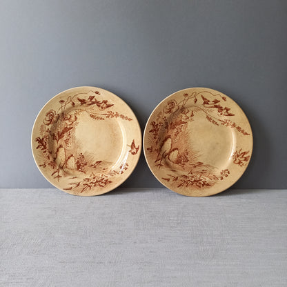 Antique ironstone plates with bird patterns by Jules Veillard Bordeaux, decorative sepia transferware, French shabby chic plates