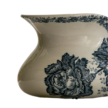 French Antique White Ironstone Jug Pitcher With Blue Floral Pattern