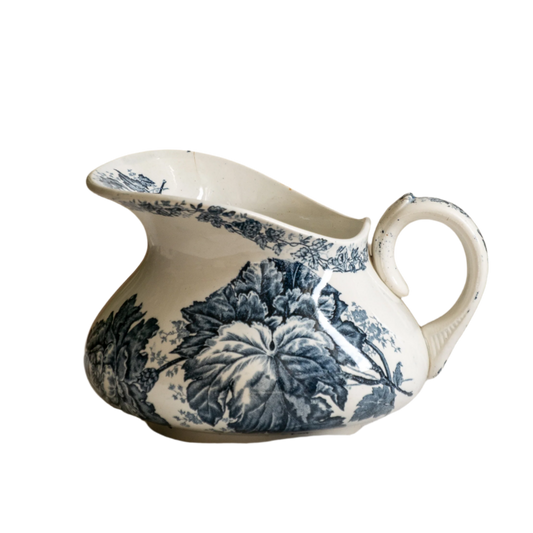 French Antique White Ironstone Jug Pitcher With Blue Floral Pattern