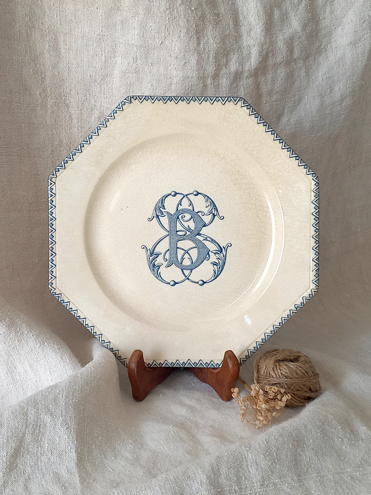 French antique ironstone octagonal plate with the monogram/initial 'B'.