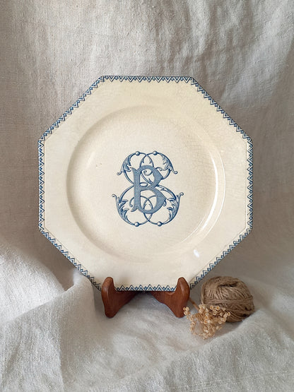 French antique ironstone octagonal plate with the monogram/initial 'B'.