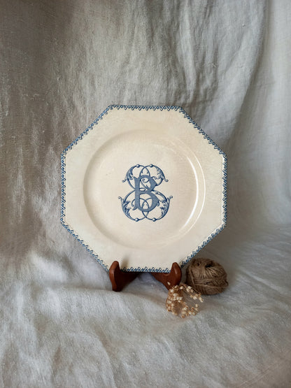 French antique ironstone octagonal plate with the monogram/initial 'B'.
 